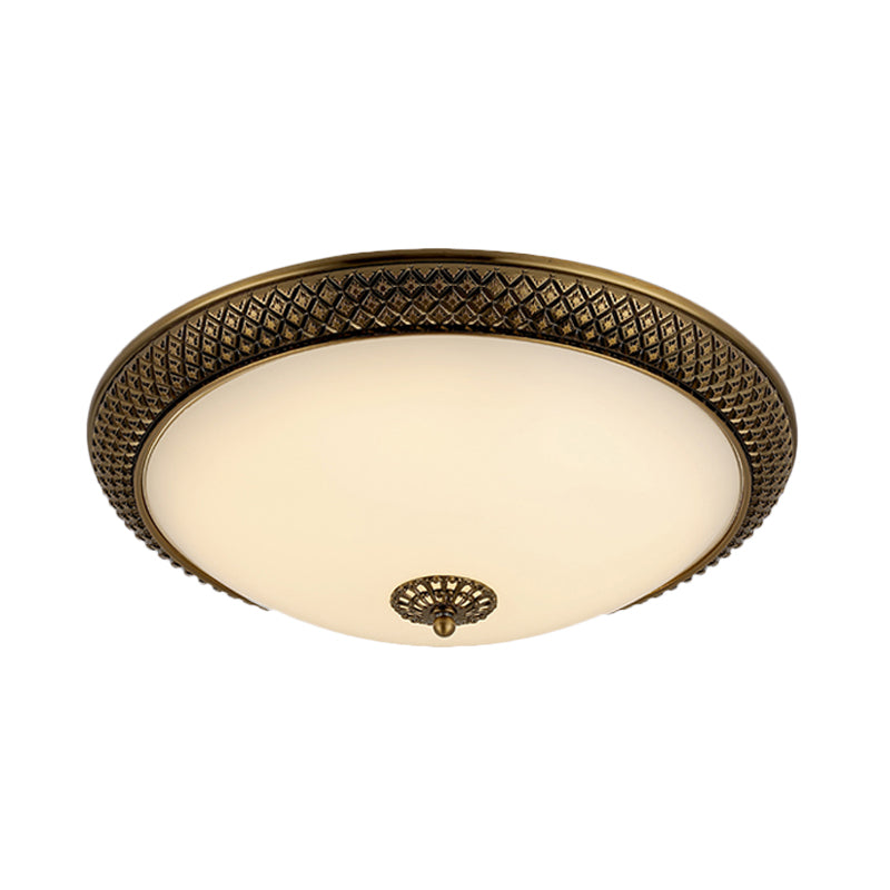 Brass Domed Ceiling Lamp Traditional White Glass 12"/16"/19.5" W LED Bedroom Flush Mount Lighting Fixture Clearhalo 'Ceiling Lights' 'Close To Ceiling Lights' 'Close to ceiling' 'Flush mount' Lighting' 1473844