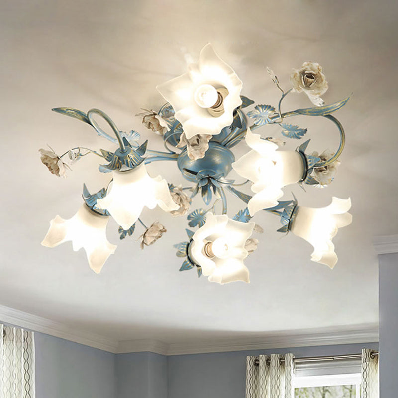 Floral Opal Glass Semi Flush Korean Garden 6/8-Head Living Room Flush Ceiling Light Fixture in Blue 6 Blue Clearhalo 'Ceiling Lights' 'Close To Ceiling Lights' 'Close to ceiling' 'Semi-flushmount' Lighting' 1473860