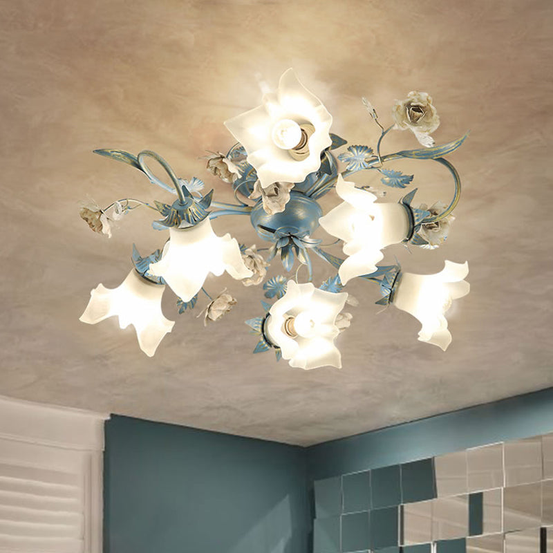 Floral Opal Glass Semi Flush Korean Garden 6/8-Head Living Room Flush Ceiling Light Fixture in Blue Clearhalo 'Ceiling Lights' 'Close To Ceiling Lights' 'Close to ceiling' 'Semi-flushmount' Lighting' 1473861