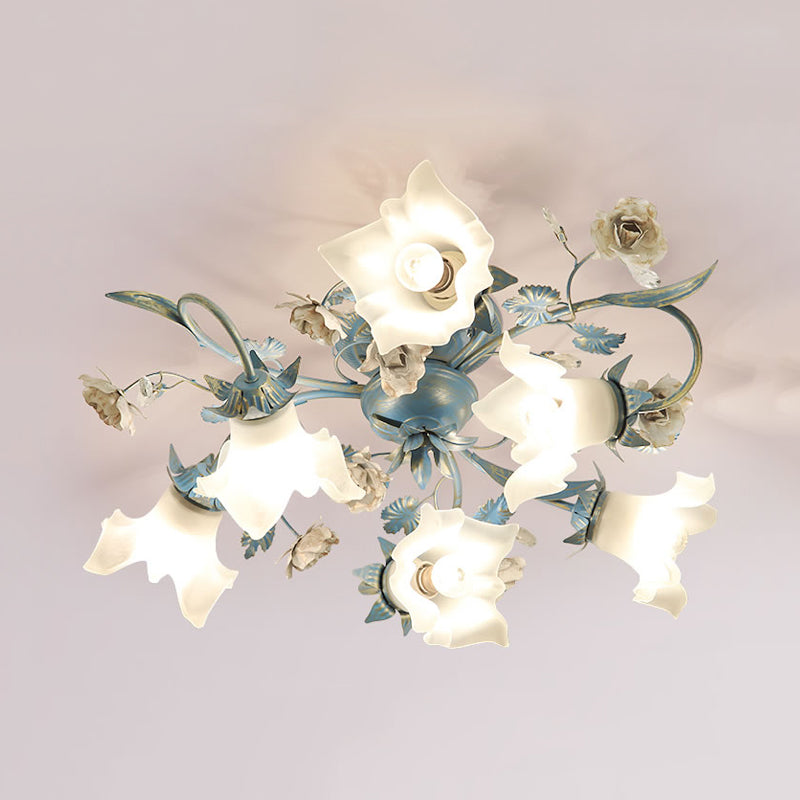 Floral Opal Glass Semi Flush Korean Garden 6/8-Head Living Room Flush Ceiling Light Fixture in Blue Clearhalo 'Ceiling Lights' 'Close To Ceiling Lights' 'Close to ceiling' 'Semi-flushmount' Lighting' 1473863