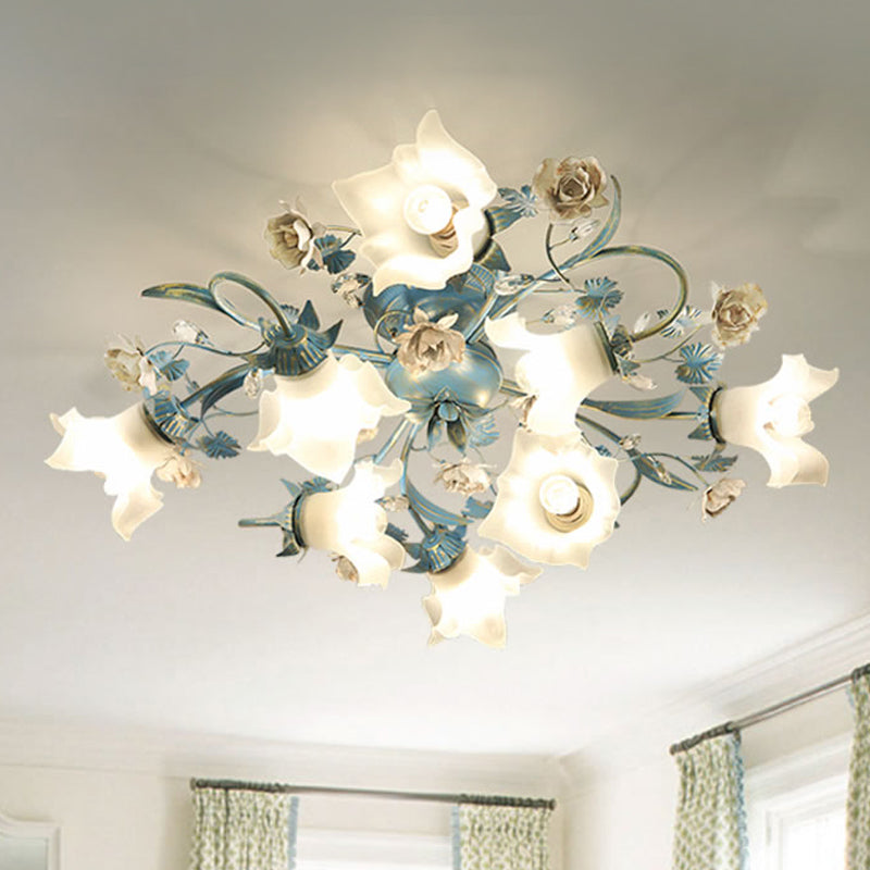 Floral Opal Glass Semi Flush Korean Garden 6/8-Head Living Room Flush Ceiling Light Fixture in Blue 8 Blue Clearhalo 'Ceiling Lights' 'Close To Ceiling Lights' 'Close to ceiling' 'Semi-flushmount' Lighting' 1473865