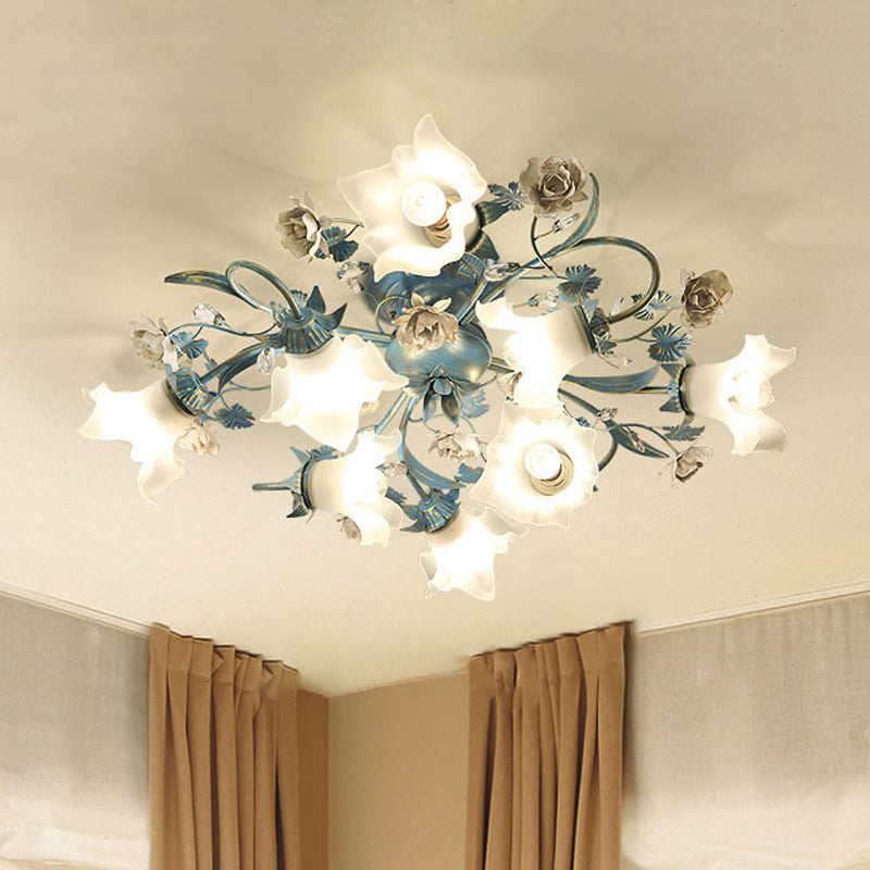 Floral Opal Glass Semi Flush Korean Garden 6/8-Head Living Room Flush Ceiling Light Fixture in Blue Clearhalo 'Ceiling Lights' 'Close To Ceiling Lights' 'Close to ceiling' 'Semi-flushmount' Lighting' 1473866