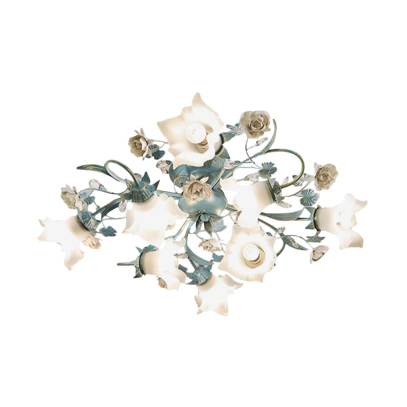 Floral Opal Glass Semi Flush Korean Garden 6/8-Head Living Room Flush Ceiling Light Fixture in Blue Clearhalo 'Ceiling Lights' 'Close To Ceiling Lights' 'Close to ceiling' 'Semi-flushmount' Lighting' 1473867