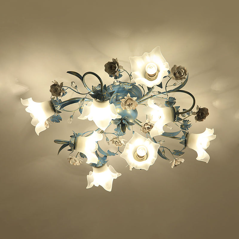 Floral Opal Glass Semi Flush Korean Garden 6/8-Head Living Room Flush Ceiling Light Fixture in Blue Clearhalo 'Ceiling Lights' 'Close To Ceiling Lights' 'Close to ceiling' 'Semi-flushmount' Lighting' 1473868