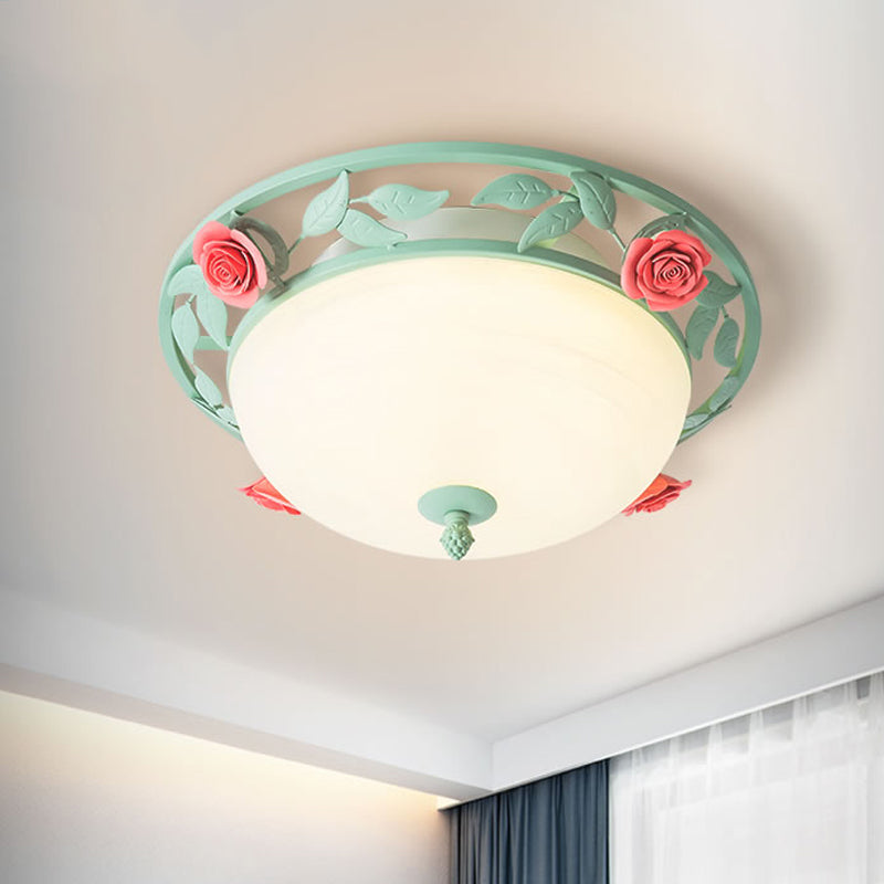 Frosted Glass Dome Flush Light Romantic Pastoral LED Bedroom Flush Mount in Light Green with Rose Decor Light Green Clearhalo 'Ceiling Lights' 'Close To Ceiling Lights' 'Close to ceiling' 'Flush mount' Lighting' 1473870