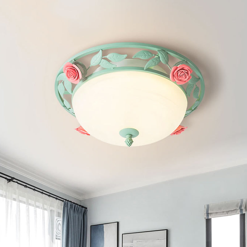 Frosted Glass Dome Flush Light Romantic Pastoral LED Bedroom Flush Mount in Light Green with Rose Decor Clearhalo 'Ceiling Lights' 'Close To Ceiling Lights' 'Close to ceiling' 'Flush mount' Lighting' 1473871