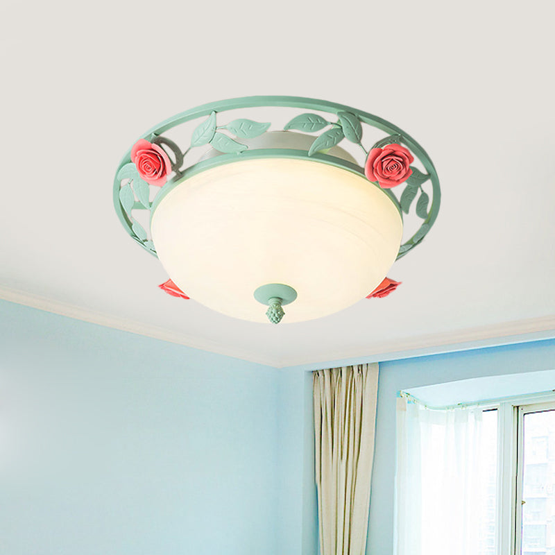 Frosted Glass Dome Flush Light Romantic Pastoral LED Bedroom Flush Mount in Light Green with Rose Decor Clearhalo 'Ceiling Lights' 'Close To Ceiling Lights' 'Close to ceiling' 'Flush mount' Lighting' 1473872