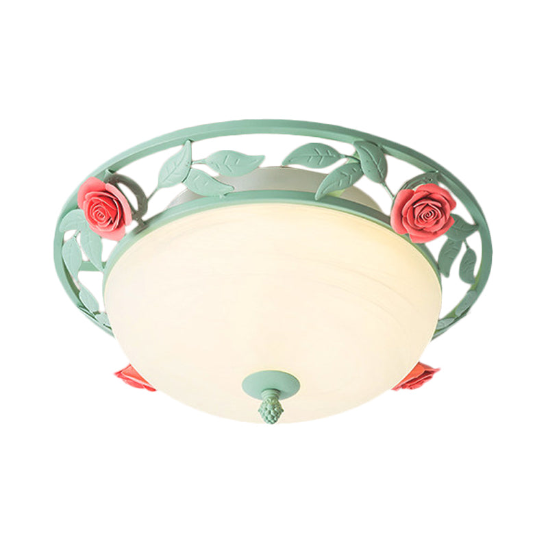 Frosted Glass Dome Flush Light Romantic Pastoral LED Bedroom Flush Mount in Light Green with Rose Decor Clearhalo 'Ceiling Lights' 'Close To Ceiling Lights' 'Close to ceiling' 'Flush mount' Lighting' 1473873