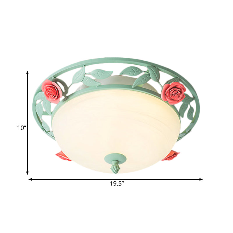 Frosted Glass Dome Flush Light Romantic Pastoral LED Bedroom Flush Mount in Light Green with Rose Decor Clearhalo 'Ceiling Lights' 'Close To Ceiling Lights' 'Close to ceiling' 'Flush mount' Lighting' 1473874