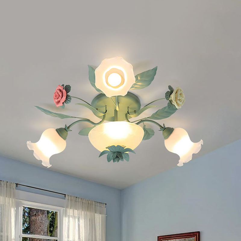 Opal Glass Blue Semi Mount Lighting Blossom 5/7/11-Light Korean Garden Flush Light Fixture for Living Room Clearhalo 'Ceiling Lights' 'Close To Ceiling Lights' 'Close to ceiling' 'Semi-flushmount' Lighting' 1473876