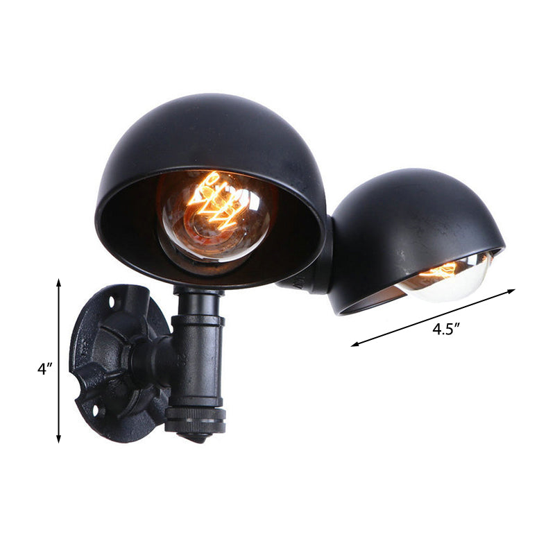 Black 2 Bulbs Wall Light Fixture Industrial Style Metallic Domed Wall Sconce Lamp with Pipe for Corridor Clearhalo 'Art deco wall lights' 'Cast Iron' 'Glass' 'Industrial wall lights' 'Industrial' 'Middle century wall lights' 'Modern' 'Rustic wall lights' 'Tiffany' 'Traditional wall lights' 'Wall Lamps & Sconces' 'Wall Lights' Lighting' 147388