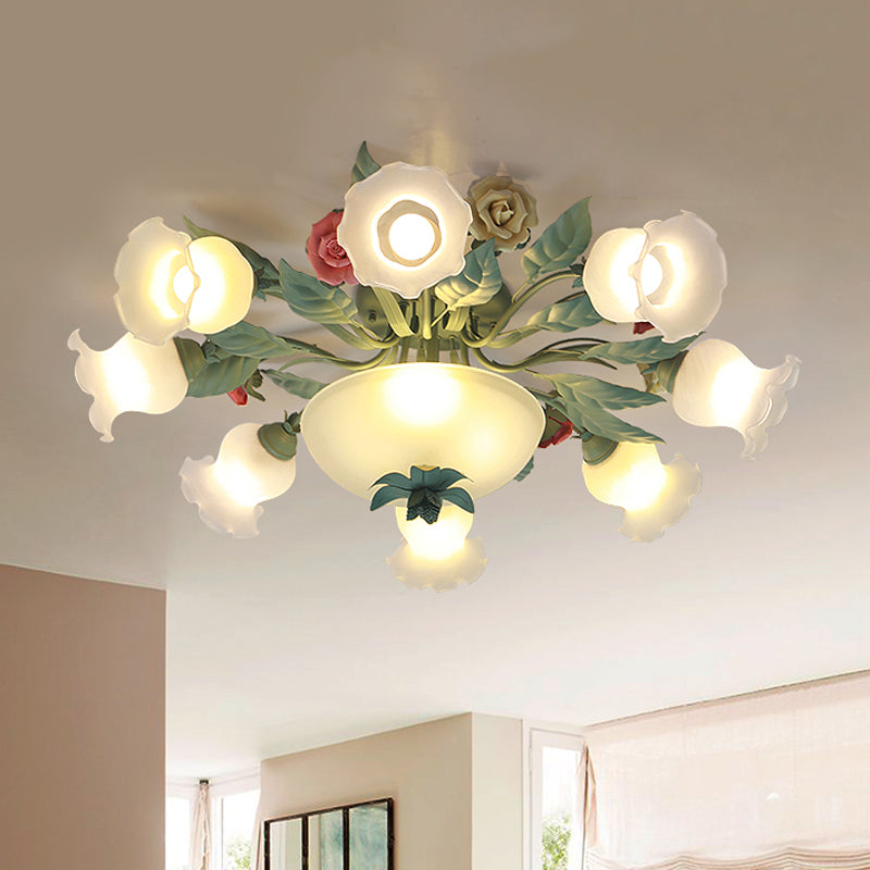 Opal Glass Blue Semi Mount Lighting Blossom 5/7/11-Light Korean Garden Flush Light Fixture for Living Room Clearhalo 'Ceiling Lights' 'Close To Ceiling Lights' 'Close to ceiling' 'Semi-flushmount' Lighting' 1473887