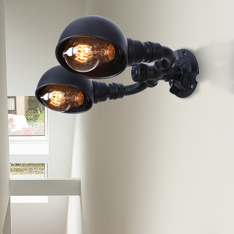 Black 2 Bulbs Wall Light Fixture Industrial Style Metallic Domed Wall Sconce Lamp with Pipe for Corridor Black C Clearhalo 'Art deco wall lights' 'Cast Iron' 'Glass' 'Industrial wall lights' 'Industrial' 'Middle century wall lights' 'Modern' 'Rustic wall lights' 'Tiffany' 'Traditional wall lights' 'Wall Lamps & Sconces' 'Wall Lights' Lighting' 147389