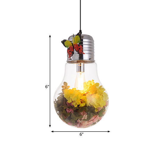 Bulb Shape Restaurant Suspension Light Art Deco Clear Glass 1-Head Silver Flower Down Lighting Pendant, 6"/8.5"/12" W Clearhalo 'Ceiling Lights' 'Glass shade' 'Glass' 'Pendant Lights' 'Pendants' Lighting' 1473899