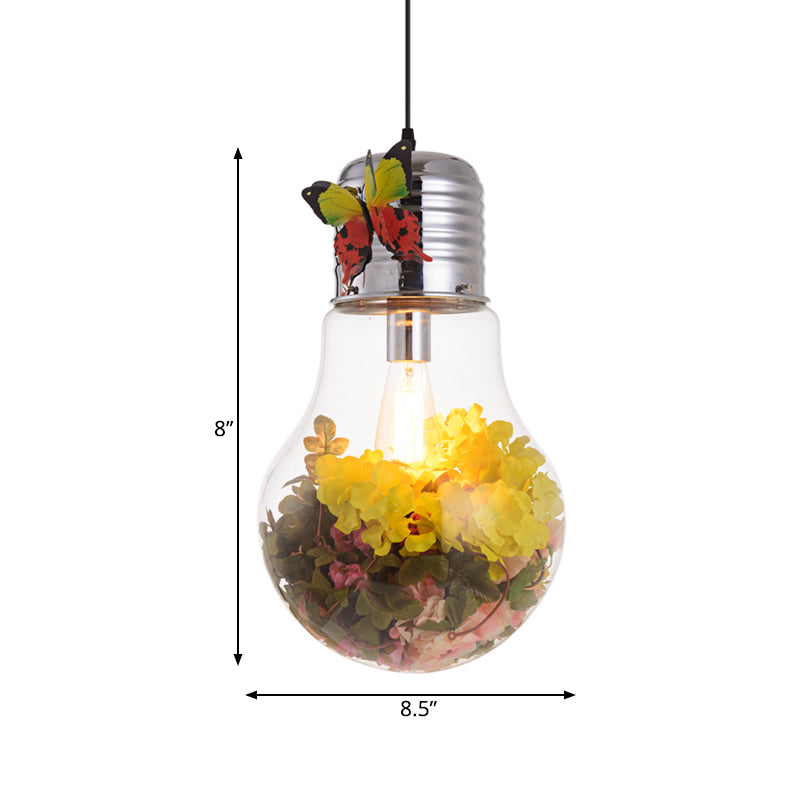 Bulb Shape Restaurant Suspension Light Art Deco Clear Glass 1-Head Silver Flower Down Lighting Pendant, 6"/8.5"/12" W Clearhalo 'Ceiling Lights' 'Glass shade' 'Glass' 'Pendant Lights' 'Pendants' Lighting' 1473900