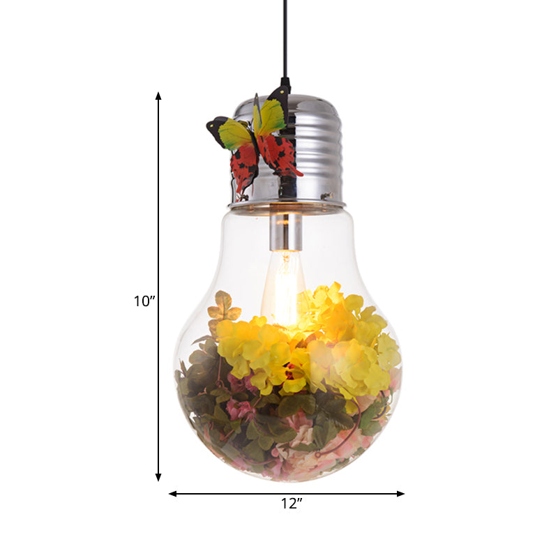 Bulb Shape Restaurant Suspension Light Art Deco Clear Glass 1-Head Silver Flower Down Lighting Pendant, 6"/8.5"/12" W Clearhalo 'Ceiling Lights' 'Glass shade' 'Glass' 'Pendant Lights' 'Pendants' Lighting' 1473901