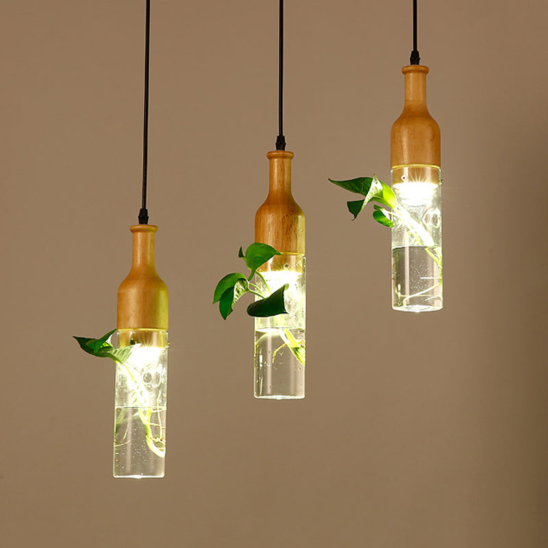Bottle Restaurant Multi Light Pendant Art Deco Clear Glass 3 Heads Wood Hanging Lamp with Round/Linear Canopy Clearhalo 'Ceiling Lights' 'Chandeliers' 'Glass shade' 'Glass' 'Pendant Lights' 'Pendants' Lighting' 1473902