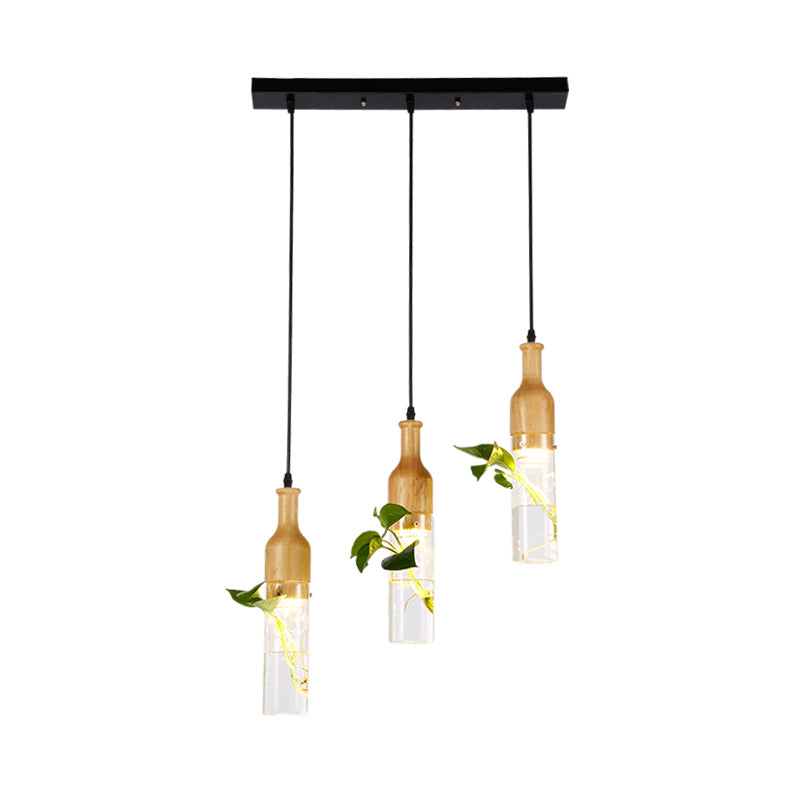 Bottle Restaurant Multi Light Pendant Art Deco Clear Glass 3 Heads Wood Hanging Lamp with Round/Linear Canopy Clearhalo 'Ceiling Lights' 'Chandeliers' 'Glass shade' 'Glass' 'Pendant Lights' 'Pendants' Lighting' 1473905
