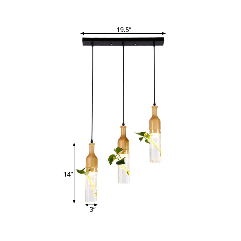 Bottle Restaurant Multi Light Pendant Art Deco Clear Glass 3 Heads Wood Hanging Lamp with Round/Linear Canopy Clearhalo 'Ceiling Lights' 'Chandeliers' 'Glass shade' 'Glass' 'Pendant Lights' 'Pendants' Lighting' 1473906