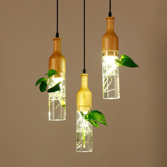 Bottle Restaurant Multi Light Pendant Art Deco Clear Glass 3 Heads Wood Hanging Lamp with Round/Linear Canopy Clearhalo 'Ceiling Lights' 'Chandeliers' 'Glass shade' 'Glass' 'Pendant Lights' 'Pendants' Lighting' 1473907