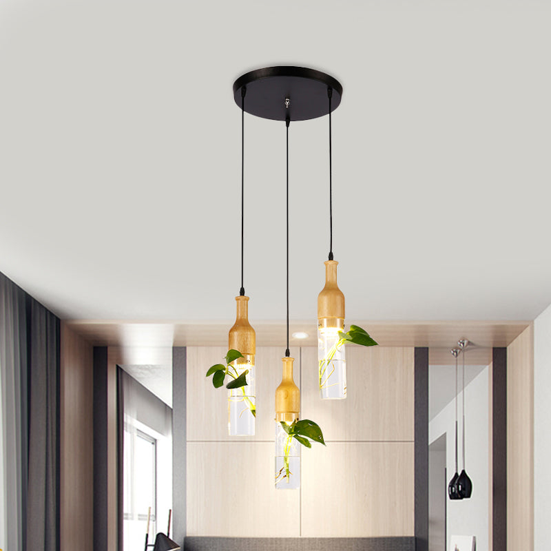 Bottle Restaurant Multi Light Pendant Art Deco Clear Glass 3 Heads Wood Hanging Lamp with Round/Linear Canopy Wood Round Clearhalo 'Ceiling Lights' 'Chandeliers' 'Glass shade' 'Glass' 'Pendant Lights' 'Pendants' Lighting' 1473908