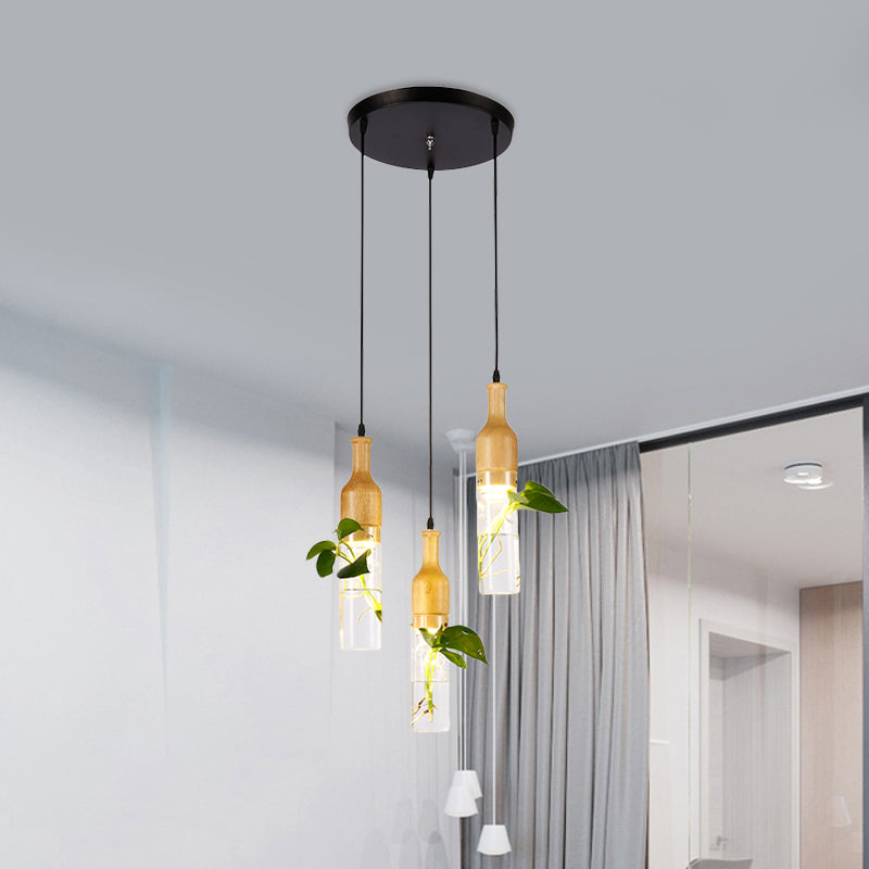 Bottle Restaurant Multi Light Pendant Art Deco Clear Glass 3 Heads Wood Hanging Lamp with Round/Linear Canopy Clearhalo 'Ceiling Lights' 'Chandeliers' 'Glass shade' 'Glass' 'Pendant Lights' 'Pendants' Lighting' 1473909