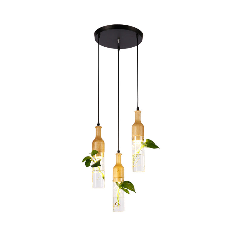 Bottle Restaurant Multi Light Pendant Art Deco Clear Glass 3 Heads Wood Hanging Lamp with Round/Linear Canopy Clearhalo 'Ceiling Lights' 'Chandeliers' 'Glass shade' 'Glass' 'Pendant Lights' 'Pendants' Lighting' 1473910