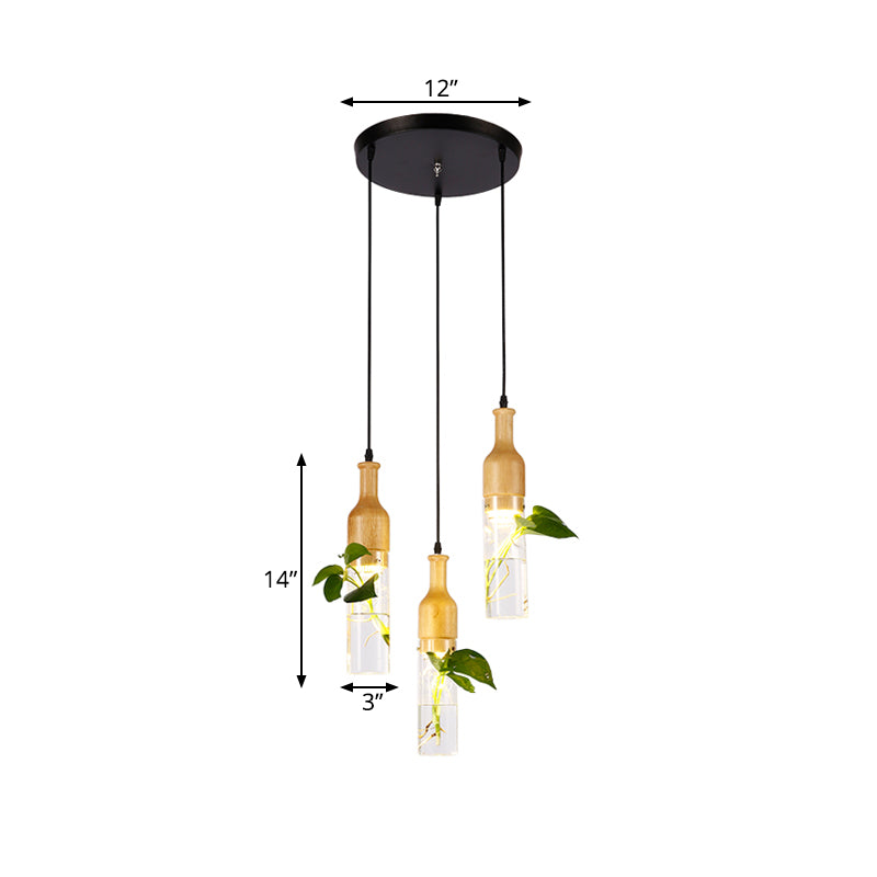 Bottle Restaurant Multi Light Pendant Art Deco Clear Glass 3 Heads Wood Hanging Lamp with Round/Linear Canopy Clearhalo 'Ceiling Lights' 'Chandeliers' 'Glass shade' 'Glass' 'Pendant Lights' 'Pendants' Lighting' 1473911