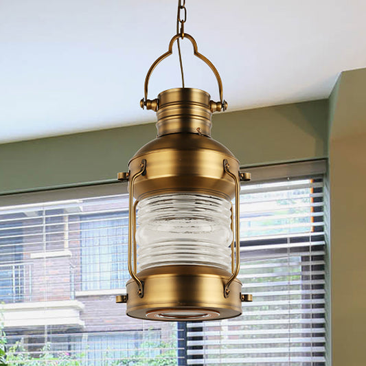 Lantern Cafe Hanging Light Kit Industrial Iron 1 Bulb Gold Suspension Pendant with Clear Glass Shade Gold Clearhalo 'Art Deco Pendants' 'Cast Iron' 'Ceiling Lights' 'Ceramic' 'Crystal' 'Industrial Pendants' 'Industrial' 'Metal' 'Middle Century Pendants' 'Pendant Lights' 'Pendants' 'Tiffany' Lighting' 1473912