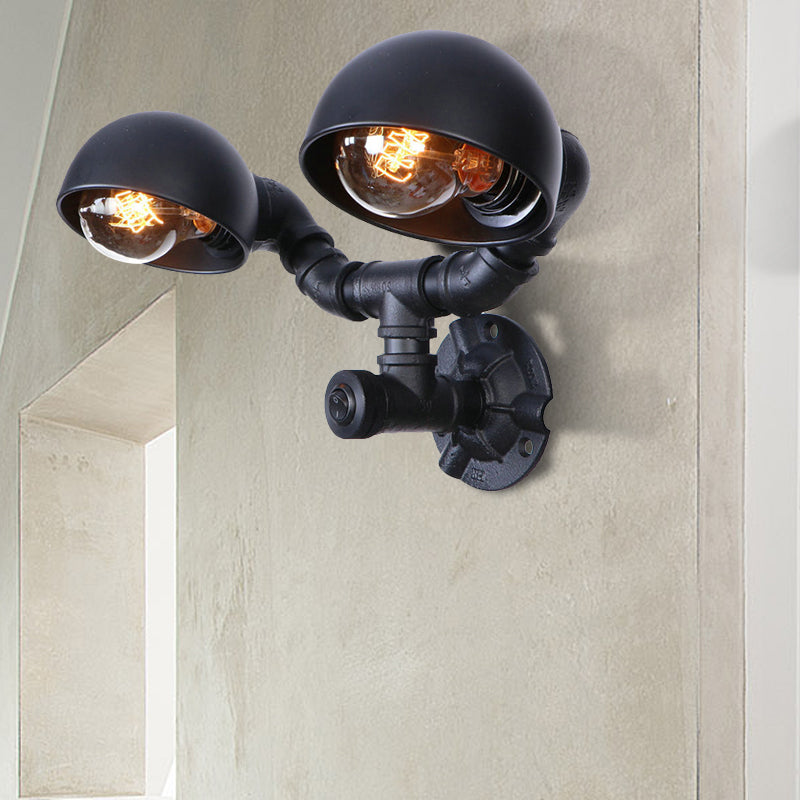 Black 2 Bulbs Wall Light Fixture Industrial Style Metallic Domed Wall Sconce Lamp with Pipe for Corridor Black D Clearhalo 'Art deco wall lights' 'Cast Iron' 'Glass' 'Industrial wall lights' 'Industrial' 'Middle century wall lights' 'Modern' 'Rustic wall lights' 'Tiffany' 'Traditional wall lights' 'Wall Lamps & Sconces' 'Wall Lights' Lighting' 147392