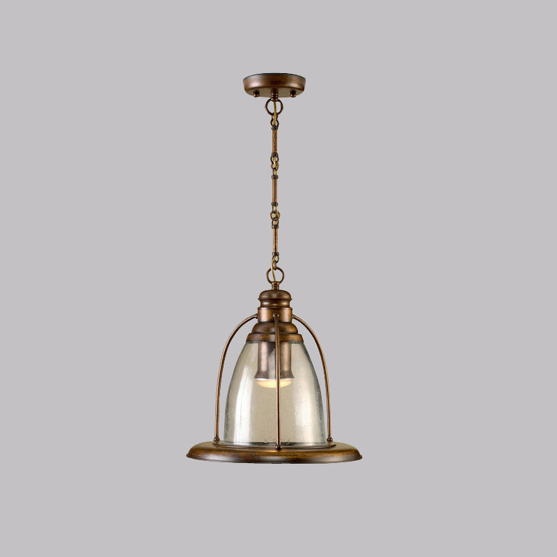 Brass 1-Light Ceiling Pendant Lamp Industrial Clear Glass Bell Hanging Light Fixture with Wire Cage Clearhalo 'Art Deco Pendants' 'Cast Iron' 'Ceiling Lights' 'Ceramic' 'Crystal' 'Industrial Pendants' 'Industrial' 'Metal' 'Middle Century Pendants' 'Pendant Lights' 'Pendants' 'Tiffany' Lighting' 1473920