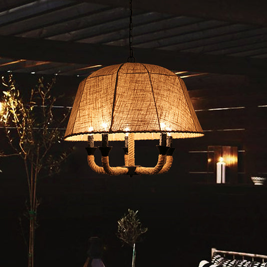 Vintage Domed Chandelier Light Fixture 5 Lights Fabric Suspension Lamp in Brown with Hemp Rope Brown Clearhalo 'Ceiling Lights' 'Chandeliers' 'Industrial Chandeliers' 'Industrial' 'Middle Century Chandeliers' 'Tiffany' Lighting' 1473942