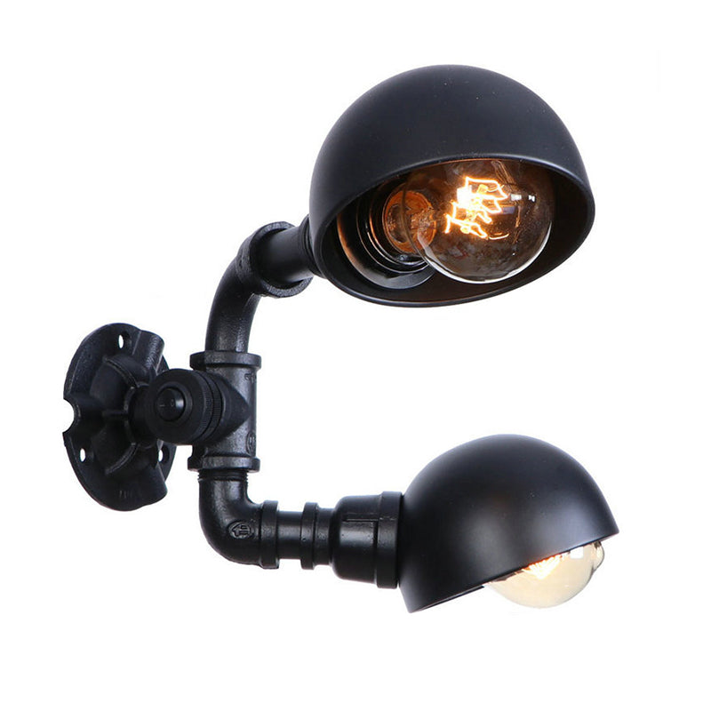 Black 2 Bulbs Wall Light Fixture Industrial Style Metallic Domed Wall Sconce Lamp with Pipe for Corridor Clearhalo 'Art deco wall lights' 'Cast Iron' 'Glass' 'Industrial wall lights' 'Industrial' 'Middle century wall lights' 'Modern' 'Rustic wall lights' 'Tiffany' 'Traditional wall lights' 'Wall Lamps & Sconces' 'Wall Lights' Lighting' 147396