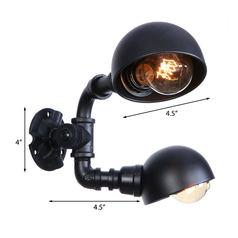 Black 2 Bulbs Wall Light Fixture Industrial Style Metallic Domed Wall Sconce Lamp with Pipe for Corridor Clearhalo 'Art deco wall lights' 'Cast Iron' 'Glass' 'Industrial wall lights' 'Industrial' 'Middle century wall lights' 'Modern' 'Rustic wall lights' 'Tiffany' 'Traditional wall lights' 'Wall Lamps & Sconces' 'Wall Lights' Lighting' 147397