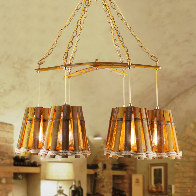 Yellow 6 Lights Chandelier Lamp Retro Bamboo Conical Suspension Lighting with Natural Rope Yellow Clearhalo 'Ceiling Lights' 'Chandeliers' Lighting' options 1473972_9adb5067-7801-4335-8f1e-d415b2416b26