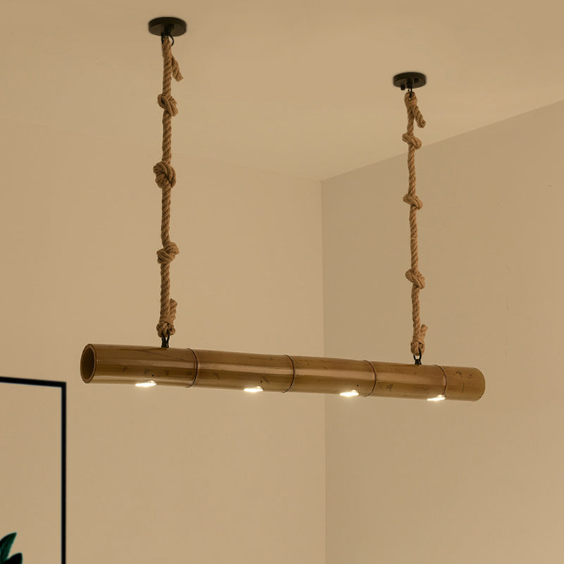 Bamboo Tube Island Lighting Farmhouse 4 Bulbs Restaurant Hanging Pendant Light in Yellow and Brown with Rope Yellow-Brown Clearhalo 'Ceiling Lights' 'Island Lights' Lighting' 1473997