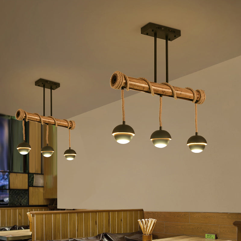 Industrial Linear Island Chandelier 2/3/6 Bulbs Iron Pendant Lamp in Black with Bamboo Tube and Rope, Warm/White Light Clearhalo 'Ceiling Lights' 'Island Lights' Lighting' 1474007