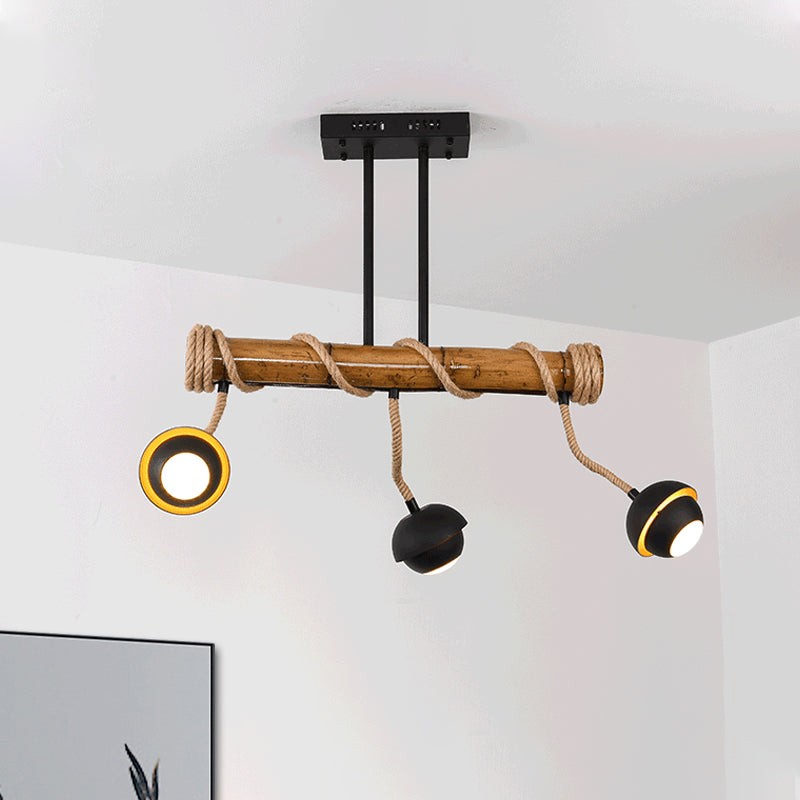 Industrial Linear Island Chandelier 2/3/6 Bulbs Iron Pendant Lamp in Black with Bamboo Tube and Rope, Warm/White Light 3 Black Clearhalo 'Ceiling Lights' 'Island Lights' Lighting' 1474008