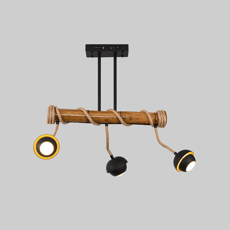Industrial Linear Island Chandelier 2/3/6 Bulbs Iron Pendant Lamp in Black with Bamboo Tube and Rope, Warm/White Light Clearhalo 'Ceiling Lights' 'Island Lights' Lighting' 1474010