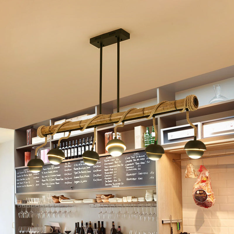 Industrial Linear Island Chandelier 2/3/6 Bulbs Iron Pendant Lamp in Black with Bamboo Tube and Rope, Warm/White Light Clearhalo 'Ceiling Lights' 'Island Lights' Lighting' 1474012