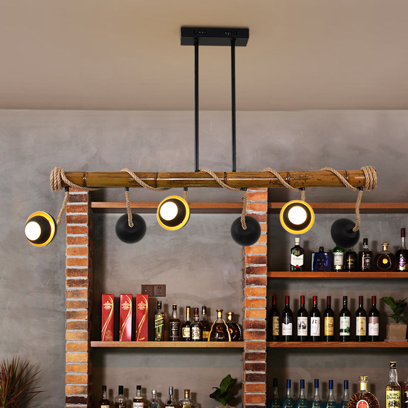 Industrial Linear Island Chandelier 2/3/6 Bulbs Iron Pendant Lamp in Black with Bamboo Tube and Rope, Warm/White Light 6 Black Clearhalo 'Ceiling Lights' 'Island Lights' Lighting' 1474013