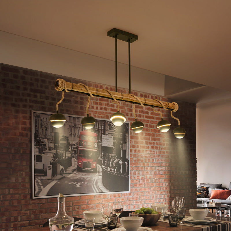Industrial Linear Island Chandelier 2/3/6 Bulbs Iron Pendant Lamp in Black with Bamboo Tube and Rope, Warm/White Light Clearhalo 'Ceiling Lights' 'Island Lights' Lighting' 1474014