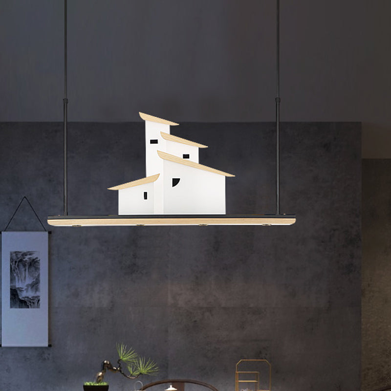 Art Deco House Island Pendant LED Metal Ceiling Light in White with Wood Bracket, Warm/White Light Clearhalo 'Ceiling Lights' 'Island Lights' Lighting' 1474033