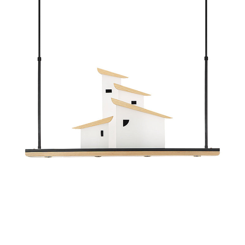 Art Deco House Island Pendant LED Metal Ceiling Light in White with Wood Bracket, Warm/White Light Clearhalo 'Ceiling Lights' 'Island Lights' Lighting' 1474034