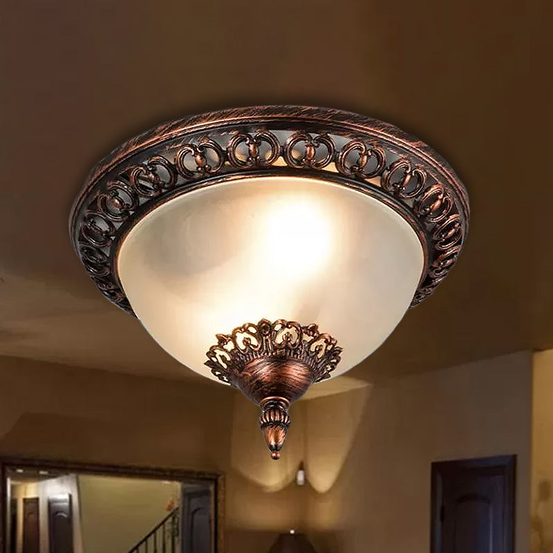 Bowl Living Room Flush Mount Lighting Traditional Frosted Glass 2 Heads Rust Metal Ceiling Light Fixture Rust Clearhalo 'Ceiling Lights' 'Close To Ceiling Lights' 'Close to ceiling' 'Flush mount' Lighting' 1474083