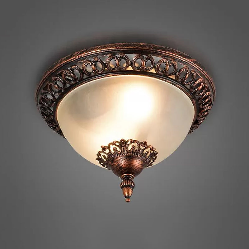 Bowl Living Room Flush Mount Lighting Traditional Frosted Glass 2 Heads Rust Metal Ceiling Light Fixture Clearhalo 'Ceiling Lights' 'Close To Ceiling Lights' 'Close to ceiling' 'Flush mount' Lighting' 1474086