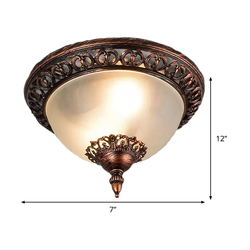 Bowl Living Room Flush Mount Lighting Traditional Frosted Glass 2 Heads Rust Metal Ceiling Light Fixture Clearhalo 'Ceiling Lights' 'Close To Ceiling Lights' 'Close to ceiling' 'Flush mount' Lighting' 1474087