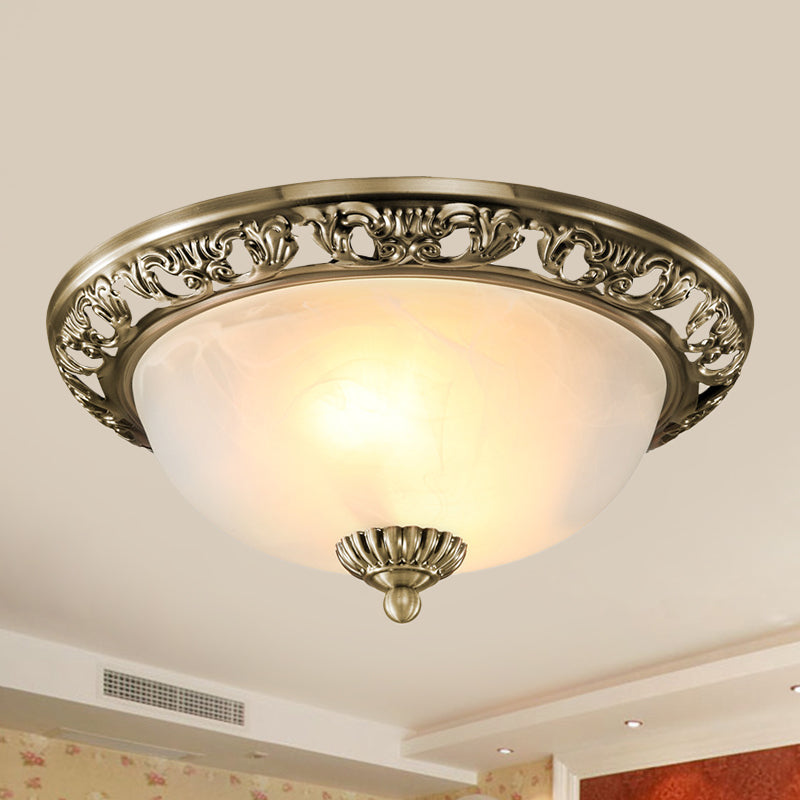 Bowl Shade Opal Glass Flush Ceiling Light Countryside 3-Head Living Room Metal Flush Mount Fixture in Bronze/Copper, 12"/16"/19.5" Wide Clearhalo 'Ceiling Lights' 'Close To Ceiling Lights' 'Close to ceiling' 'Flush mount' Lighting' 1474088