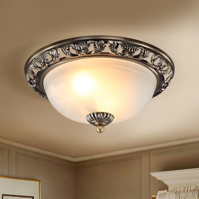 Bowl Shade Opal Glass Flush Ceiling Light Countryside 3-Head Living Room Metal Flush Mount Fixture in Bronze/Copper, 12"/16"/19.5" Wide Clearhalo 'Ceiling Lights' 'Close To Ceiling Lights' 'Close to ceiling' 'Flush mount' Lighting' 1474089