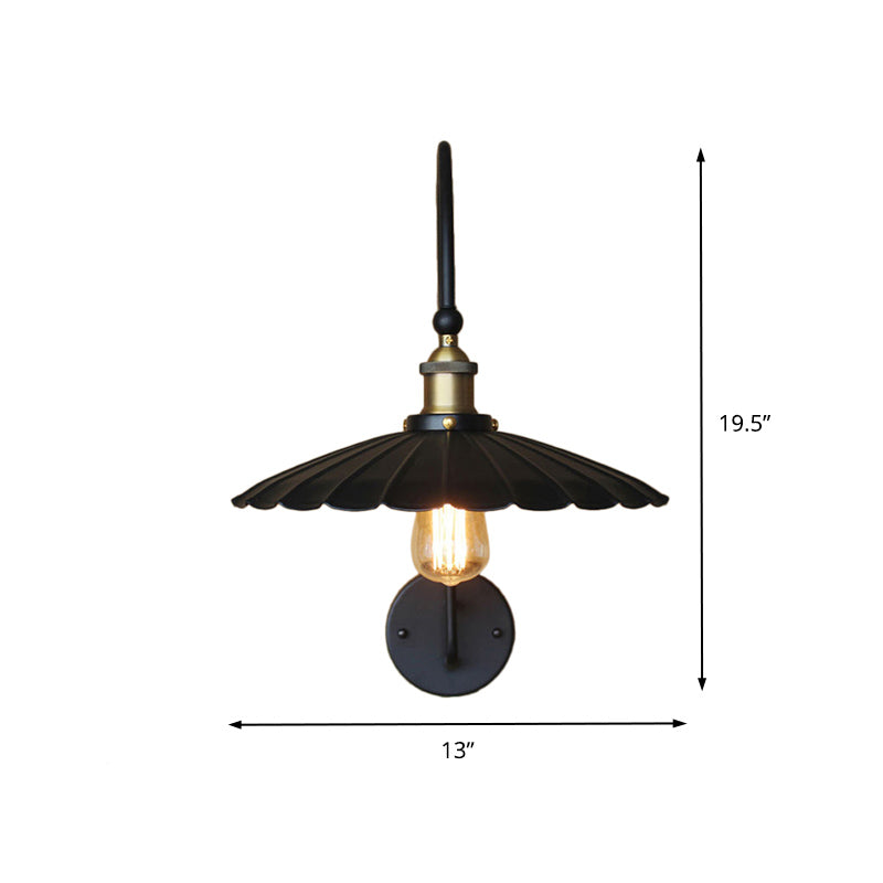 Industrial Scalloped Edge Wall Lamp Sconce 1 Bulb Metallic Wall Light with Arched Arm in Black for Hallway Clearhalo 'Art deco wall lights' 'Cast Iron' 'Glass' 'Industrial wall lights' 'Industrial' 'Middle century wall lights' 'Modern' 'Rustic wall lights' 'Tiffany' 'Traditional wall lights' 'Wall Lamps & Sconces' 'Wall Lights' Lighting' 147409